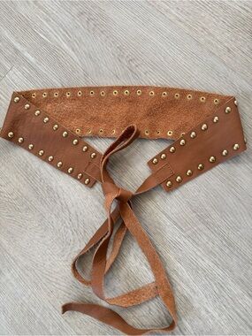 Women's Tan Suede & Leather Tie Belt with Gold Studs